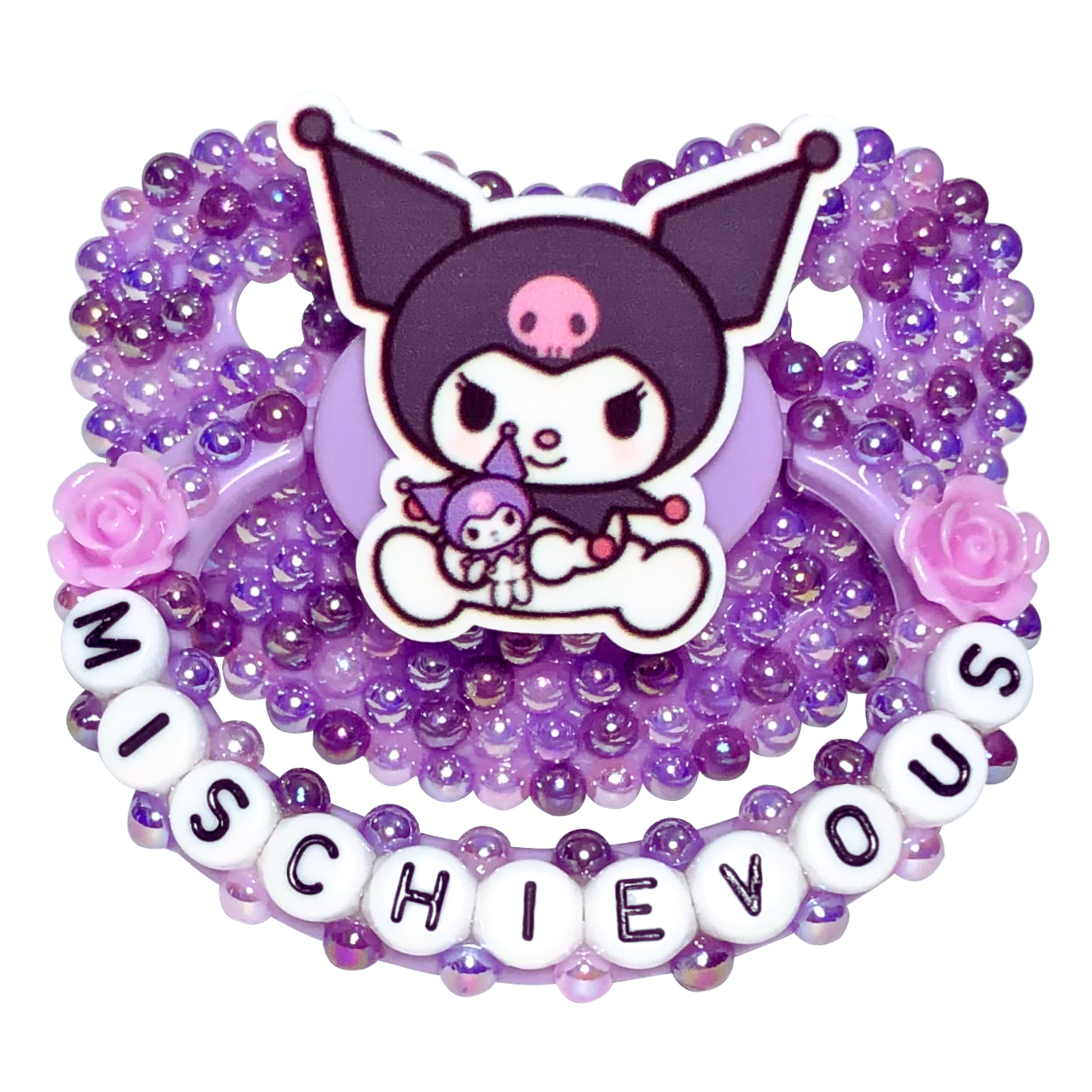 An adult pacifier with a purple theme, featuring a cartoon character and flatback pearl decorations in various shades of purple, dark purple, and light purple.