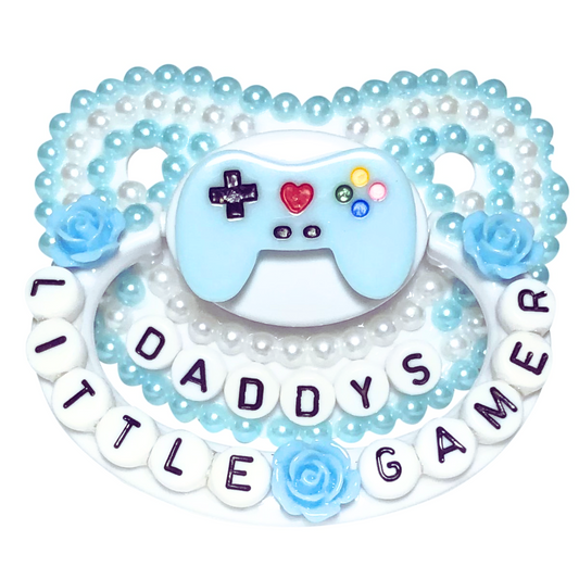 Baby Bear Pacis Adult Pacifier "Daddy's Little Gamer" White Blue Game Controller Paci (DDLG/ABDL)