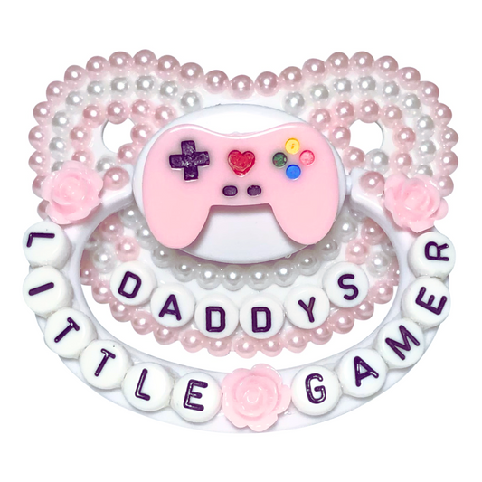 Baby Bear Pacis Adult Pacifier "Daddy's Little Gamer" White Light Pink Adult Paci (DDLG/ABDL)